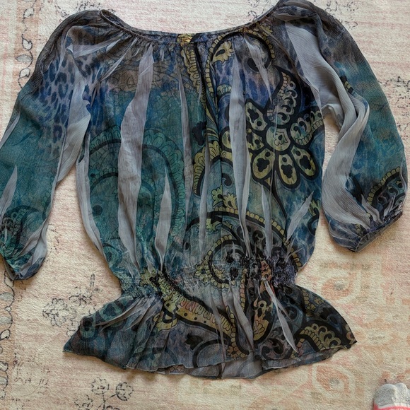 Amoure Couture sheer whimsigoth / boho top with smocked waistband, poet sleeves - Picture 7 of 9
